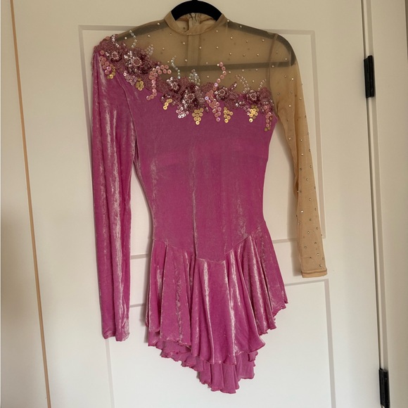 Pink and Gold Asymmetrical Figure Skating/Dance Costume - Picture 1 of 5
